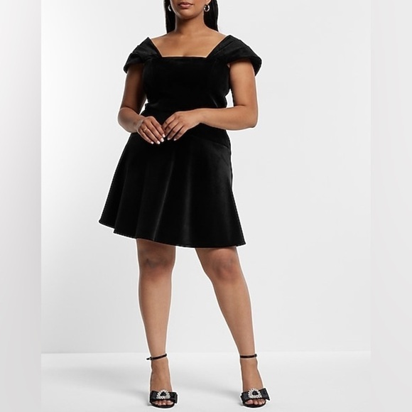 Express Dresses & Skirts - NWT Express Black Velvet Off The Shoulder Mini Fit And Flare Dress